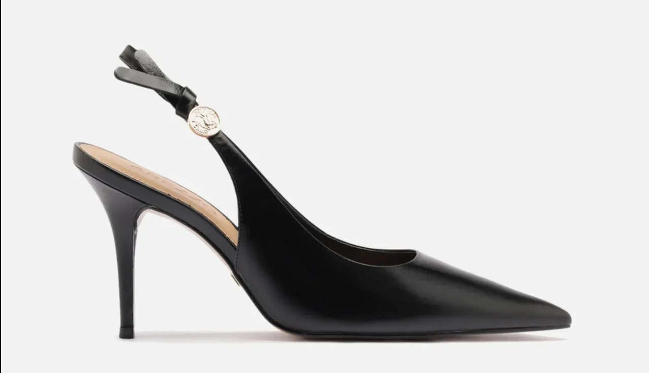 Scarpin Preto Couro Salto Alto Slingback Metal Heritage