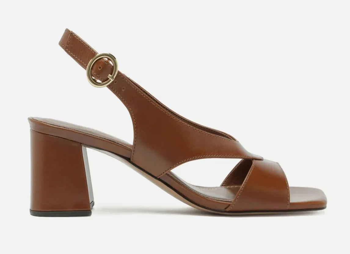 Sandália Marrom Couro Salto Bloco Slingback Tiras