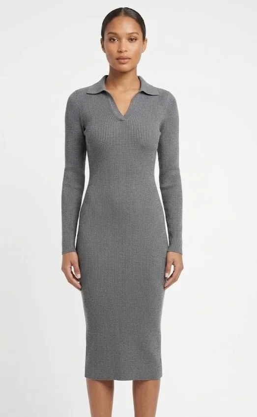 Vestido Longo Manga Comprida Tricot Cinza